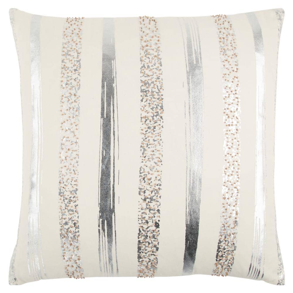 Ivory/Silver Striped Printed Foil Seed Beaded Embellishments Cotton Poly Fi