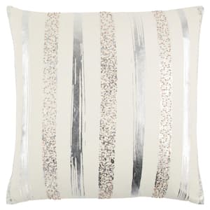 Ivory/Silver Striped Printed Foil Seed Beaded Embellishments Cotton Poly Filled 20 in. x 20 in. Decorative Throw Pillow