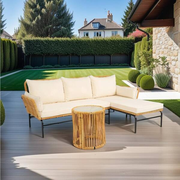 Unbranded 3-Piece Wicker Outdoor Sectional Set Patio Sofa Set with Thick Cream Cushions and Round Table