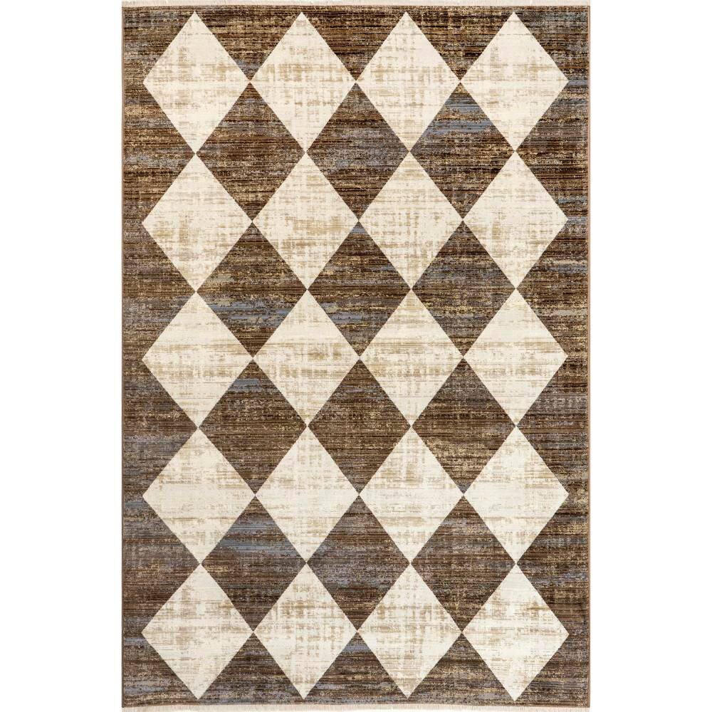 Meline Beige and Brown Checkered Rectangular Area Rug