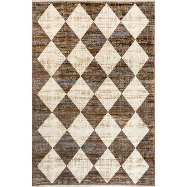 Meline Checkered Fringe Area Rug Beige 6' 4" ft. x 6' 4" ft. Area Rug