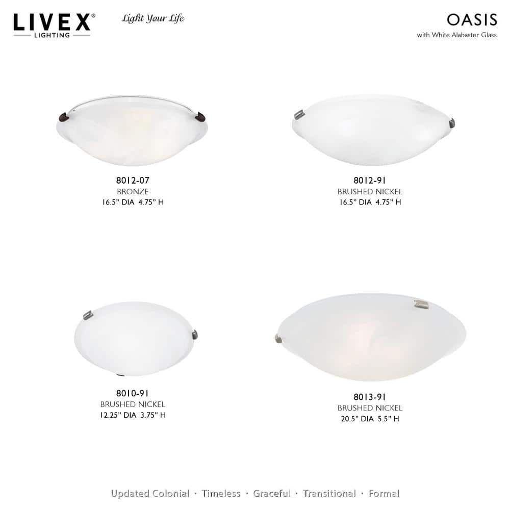 Oasis 12.25" Brushed Nickel Flush Mount with White Alabaster Glass