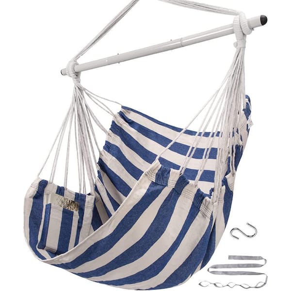4 ft. Hanging Hammock Chair Rope Swing for Outdoor Patio, Bedroom, Porch, Deck(Blue and White)