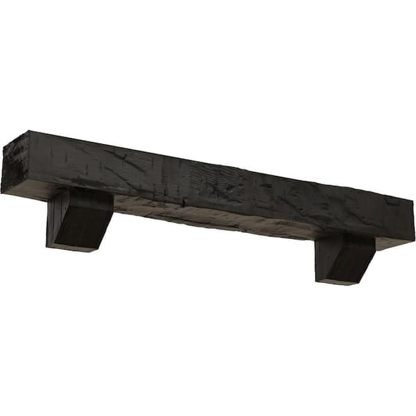 Ekena Millwork 4 in. x 4 in. x 6 ft. Hand Hewn Faux Wood Fireplace Mantel Kit with Ashford Corbels, Burnished Cedar