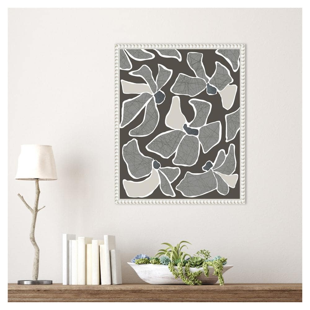 Grey Flower Blooms II Abstract Canvas Print with White Frame
