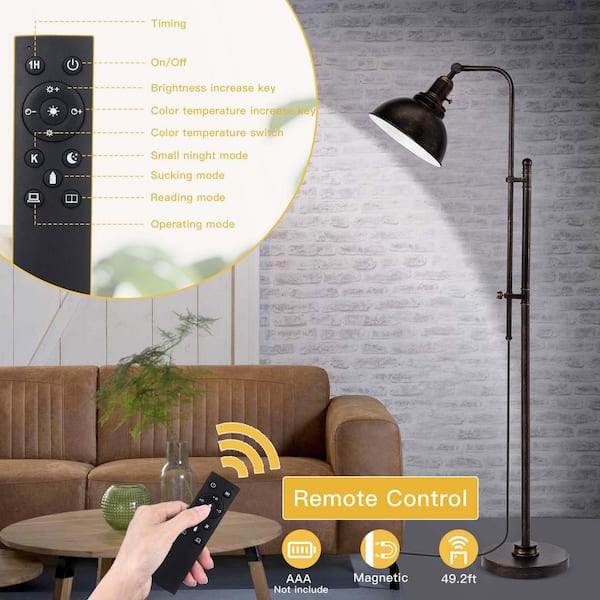 66 in. Black Paint Industrial Standing Lamp 1 Bulb Remote Dimmable Adjustable Arc Floor Lamp Metal Shade for Bedroom