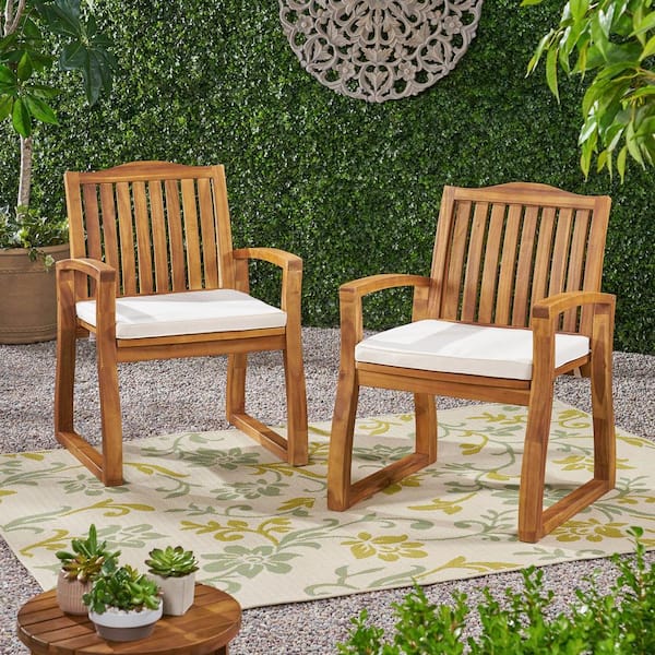 Kolten Teak Wood Outdoor Patio Dining Chair with Cream Cushion (2-Pack)