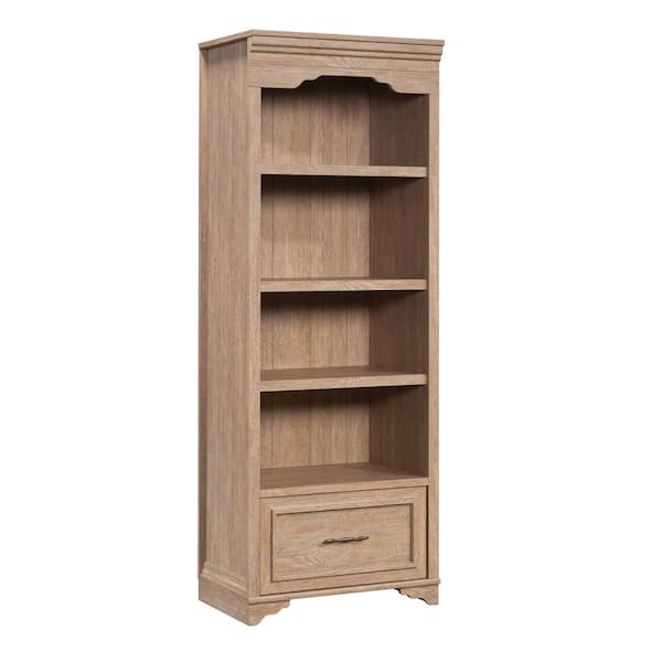 SAUDER Rollingwood Country 26.614 in. Wide Brushed Oak 4-Shelf Standard Bookcase with Drawer