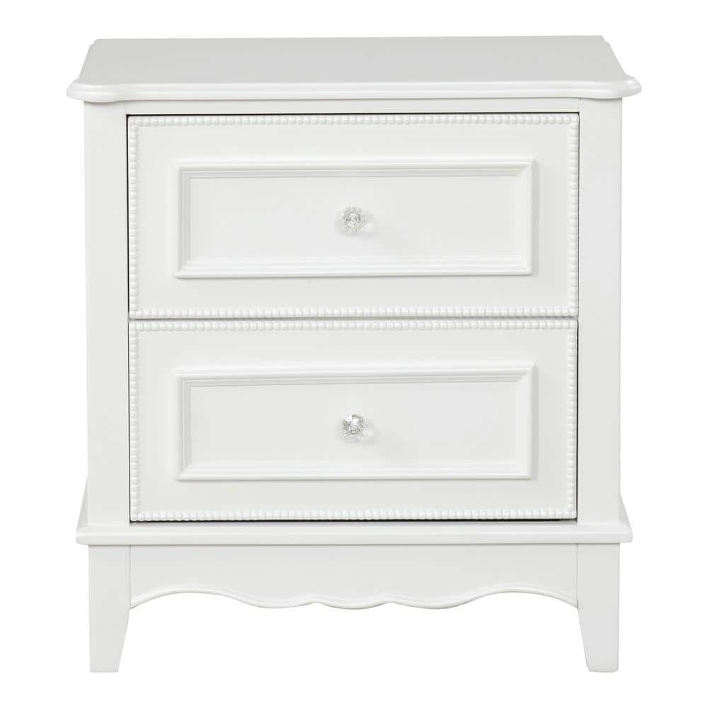 White Solid Wood 2-Drawer Nightstand with Acrylic Knobs