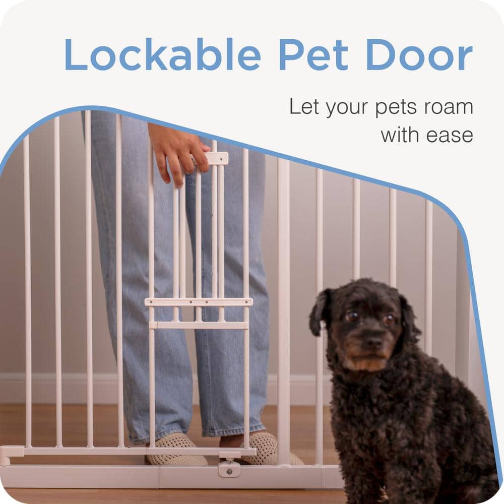 Extra Wide White Metal Baby Gate with Pet Door