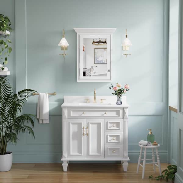 24 in. W x 30 in. H Assembled Surface-Mount Solid Wood Bath Medicine Cabinet with Mirror in White, Rectangular