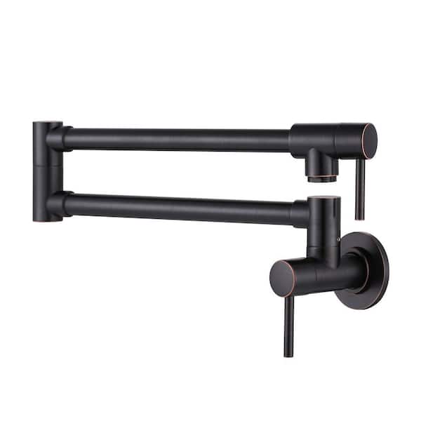 Brass Wall Mount Pot Filler with Double Handle, 2-aerators and Swing Arms Folding Kitchen Faucet in Oil Rubbed Bronze