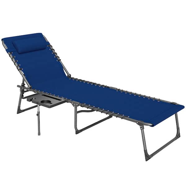 Outsunny Metal Folding Chaise Lounge Chair Outdoor Chair with Side Table, 5-Level Adjustable with Headrest, Side Pocket Dark Blue
