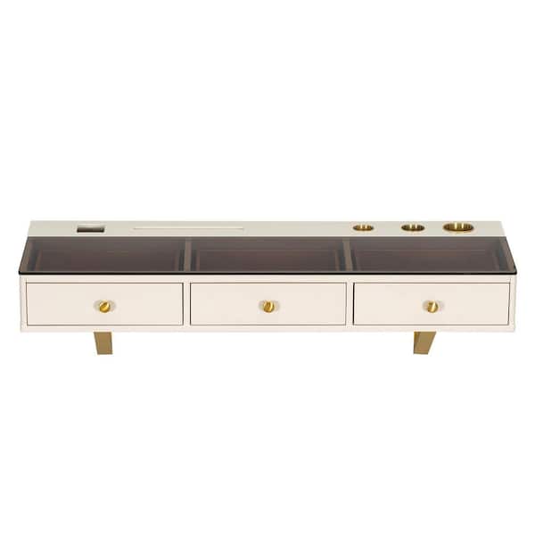 Harper & Bright Designs Beige and Golden Wall-Mounted Makeup Vanity Table with Glass Top, Tabletop Embedded Storage(Mirror, Stool Not Included)