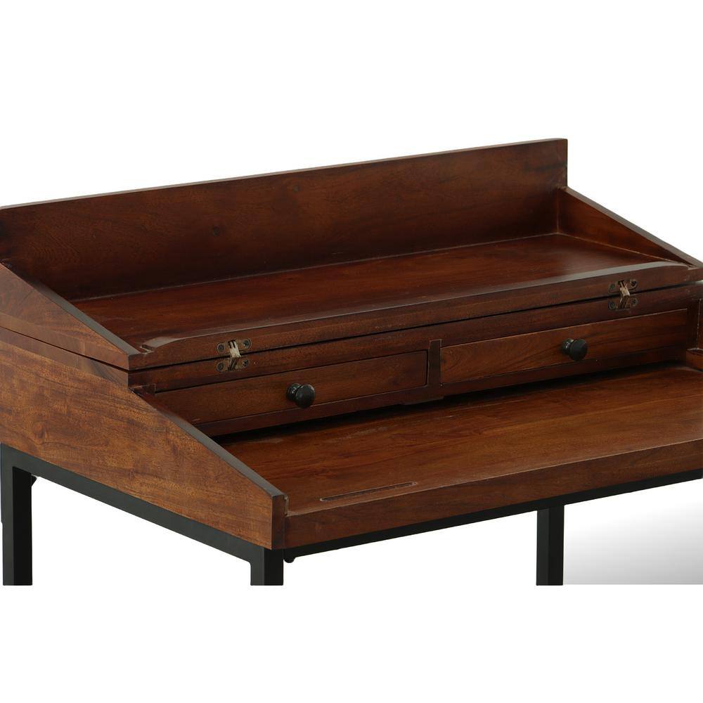 Chestnut Mango Wood Writing Desk with Black Iron Frame and Drawers