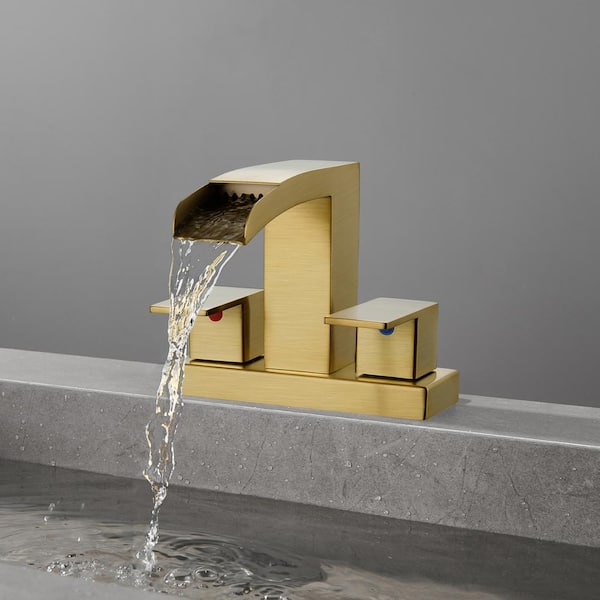 Waterfall 4 in. Centerset Double Handle Low Arc Bathroom Faucet with Drain kit Included in Brushed Gold