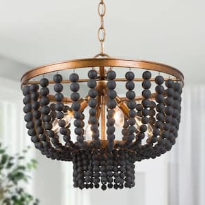 Modern Black & Brass Drum Chandelier, Boho 4-Light Island Chandelier Light with Wood Beads