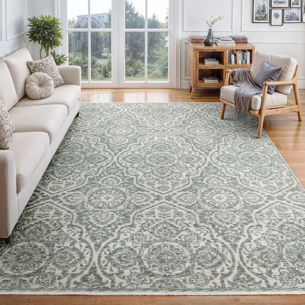 Eclipse Green/Ivory 7 ft. x 10 ft. Global-Inspired Floral Medallion Polyester Fringe-Edge Indoor Area Rug