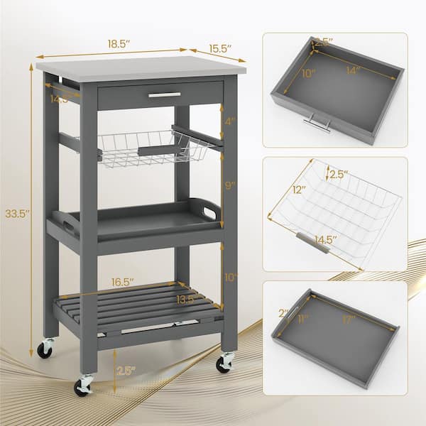 Costway Compact Kitchen Island Cart Rolling Service Trolley with Stainless  Steel Top Basket 