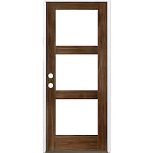 32 in. x 80 in. Modern Hemlock Right-Hand/Inswing 3-Lite Clear Glass Provincial Stain Wood Prehung Front Door