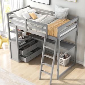 Gray Twin Size Loft Bed with Desk and Shelves, 2 Built-in Drawers
