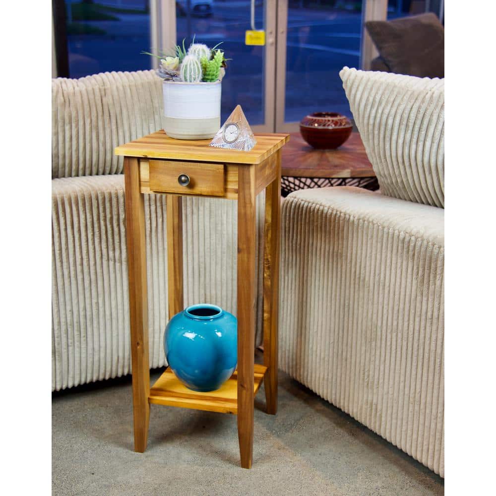 Natural Lacquered Acacia Wood Accent Table with Drawer