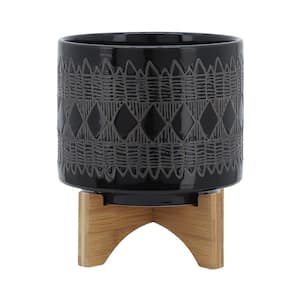 8 in. AZTEC Black Ceramic Planter Pot on Wooden Stand