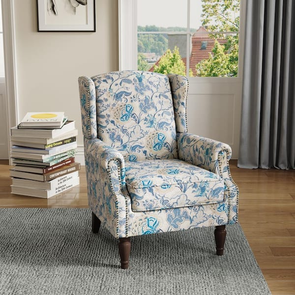 Uixe Retro Boho Blue Linen Nailhead Trim Upholstered High Back Accent Arm Chair with Wood Legs(Set of 1)