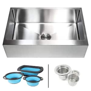 Farmhouse/Apron-Front 16-Gauge Stainless Steel 33 in. Flat Single Bowl Kitchen Sink with Collapsible Silicone Colanders