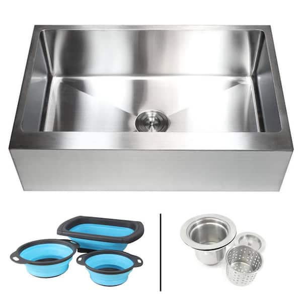 eModernDecor Farmhouse/Apron-Front 16-Gauge Stainless Steel 33 in. Flat Single Bowl Kitchen Sink with Collapsible Silicone Colanders