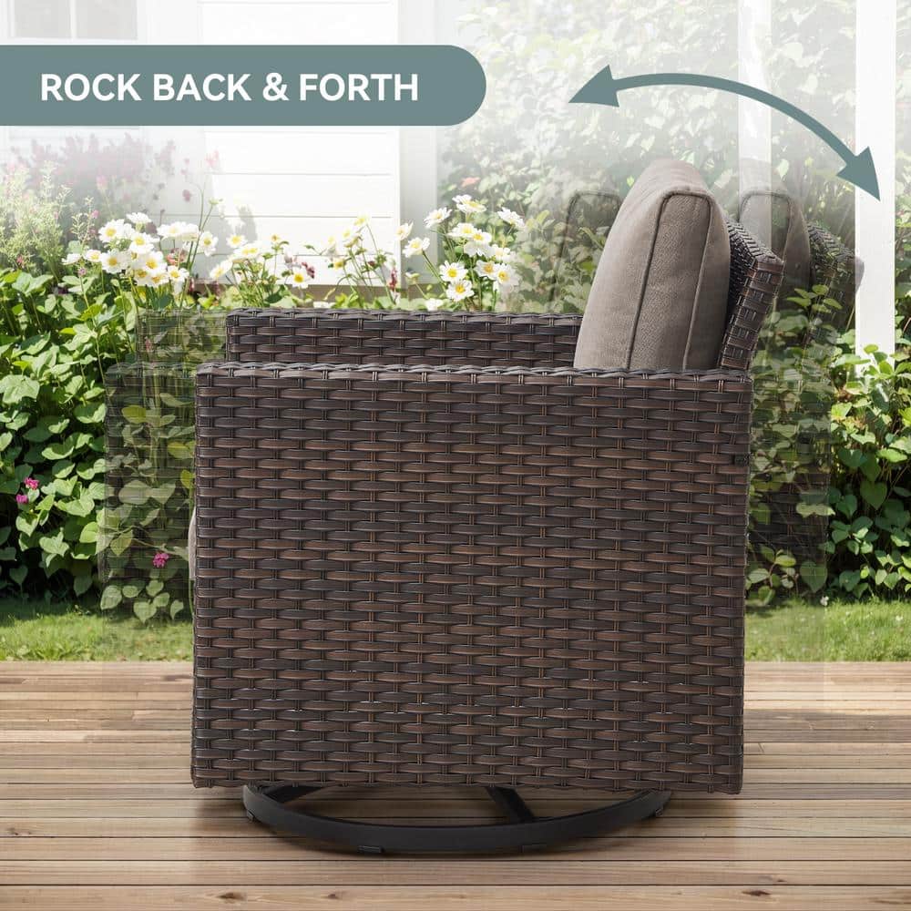 Gray and Brown Wicker Outdoor Swivel Rocking Armchair with Cushions
