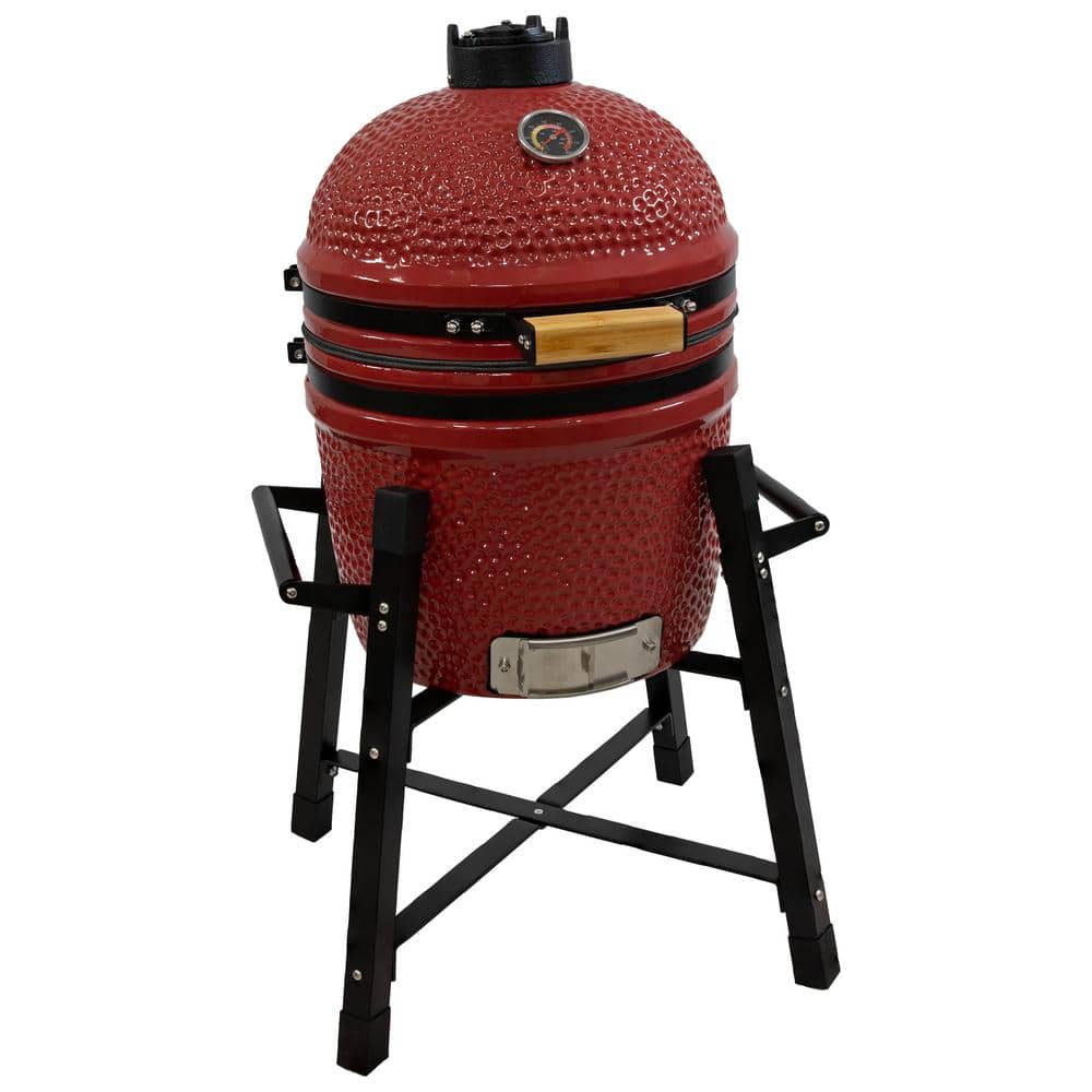 16 in. Ceramic Kamado Egg Charcoal Grill and Smoker in Red with Stand