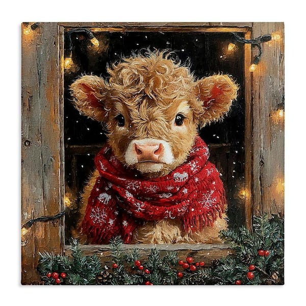 Calf with Holly and Lights Garland by Riley B Unframed Animal Graphic Art Print 24 in. x 24 in.