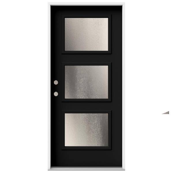 JELD-WEN 36 in. x 80 in. Right-Hand/Inswing 3 Lite Equal Chinchilla Frosted Glass Black Steel Prehung Front Door