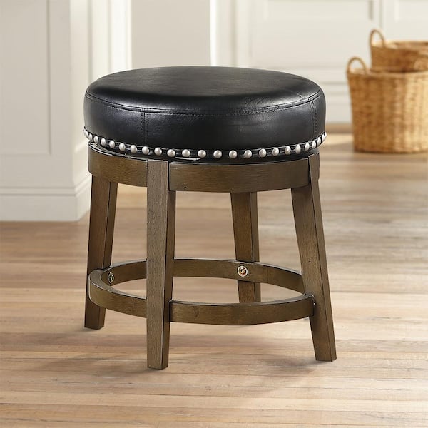Paran 19 in. Brown Wood Round Swivel Stool with Black Faux Leather Seat (Set of 2)