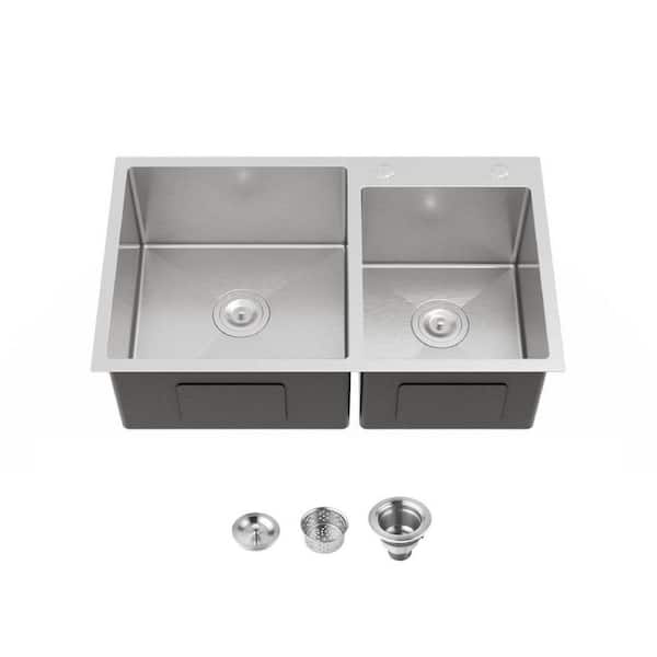 Undermount Sink 32 in. x 19 in. Double Bowl Stainless Steel Kitchen Sink in Brushed Nickel, with Drain and Hook
