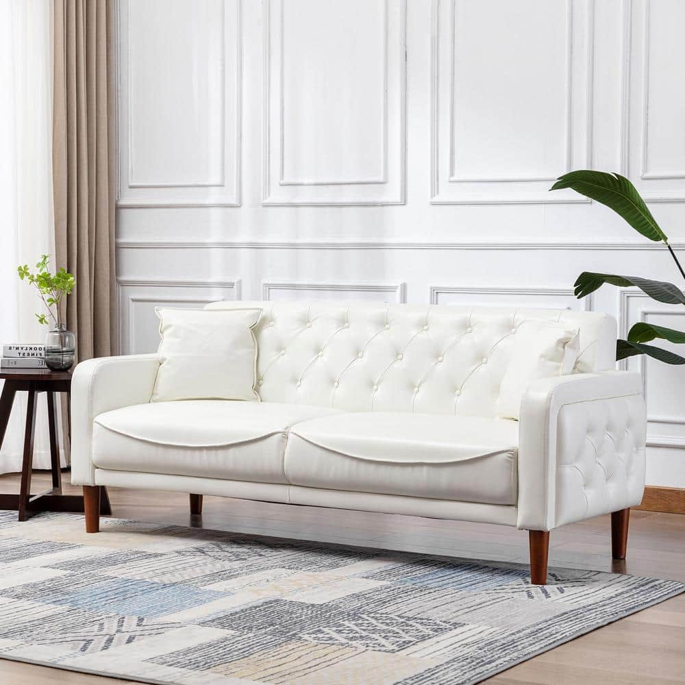 KINWELL 78 in. Wide Square Arm Faux Leather Mid-Century Modern Straight  Tufted Sofa with Pillows in Ivory HX2047LY - The Home Depot