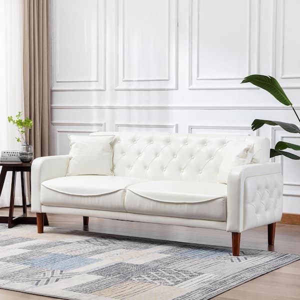 KINWELL 78 in. Wide Square Arm Faux Leather Mid-Century Modern Straight Tufted Sofa with Pillows in Ivory