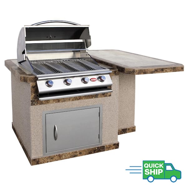 Cal Flame 6 ft. Stucco Grill Island with Tile Top and 4-Burner Gas Grill in Stainless Steel