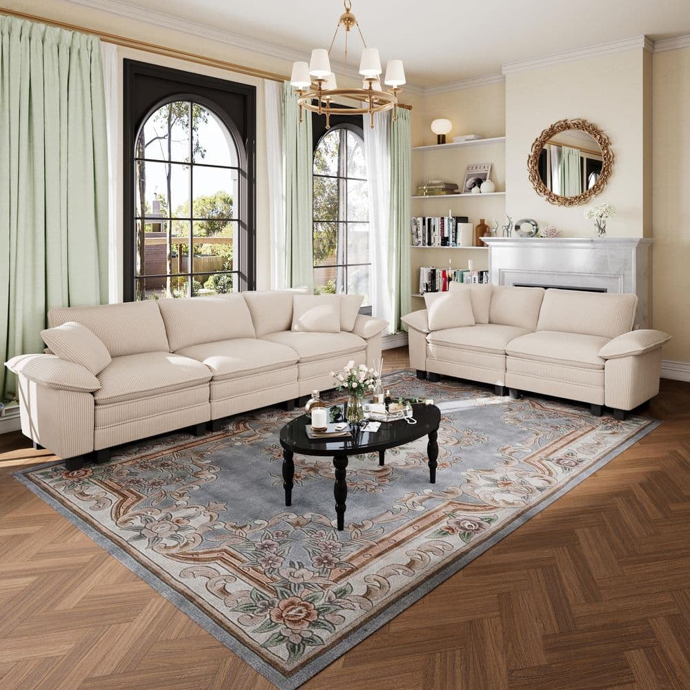 123.6 in. Flared Arm 5-Seat Corduroy Fabric Modular Sectional Sofa in. Beige with 5 Throw Pillows for Living Room