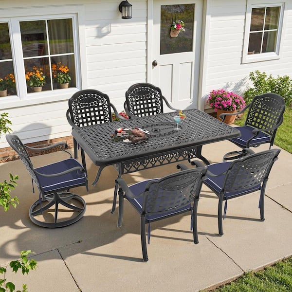 Vintage 7-Piece Cast Aluminum Outdoor Dining Set with Rectangular Table and Swivel Dining Chairs with Blue Cushion