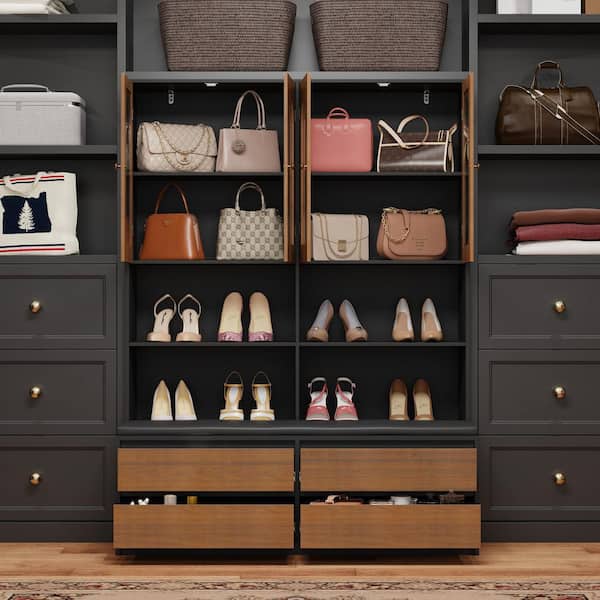 63.6 in. H x 47.2 in. W Black and Oak Shoe Storage Cabinet with Cushioned Bench, Glass Doors, Open Shelves, and Drawers