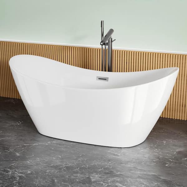 Kuomih 67 in. x 31 in. Acrylic Freestanding Soaking Bathtub with Center Drain in White Chrome Overflow, Deep Soaking Bathtub