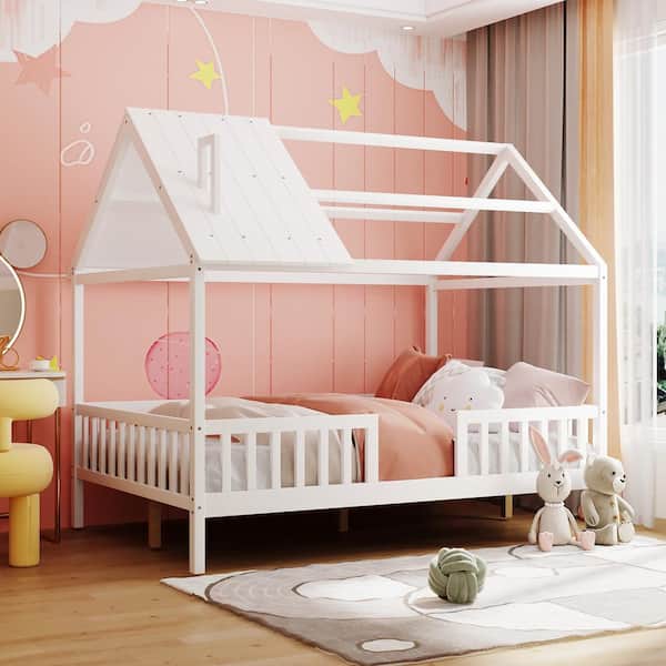 Harper & Bright Designs White Full Size Wood House Platform Bed with Chimney and Fence Rails