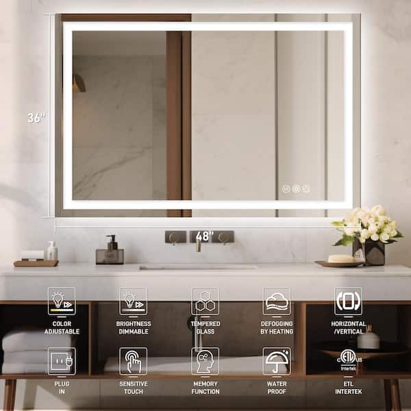 36 in W x 48 in H Rectangular Frameless Wall Mount 3 Colors Dimmable Anti-fog LED Bathroom Vanity Mirror Memory