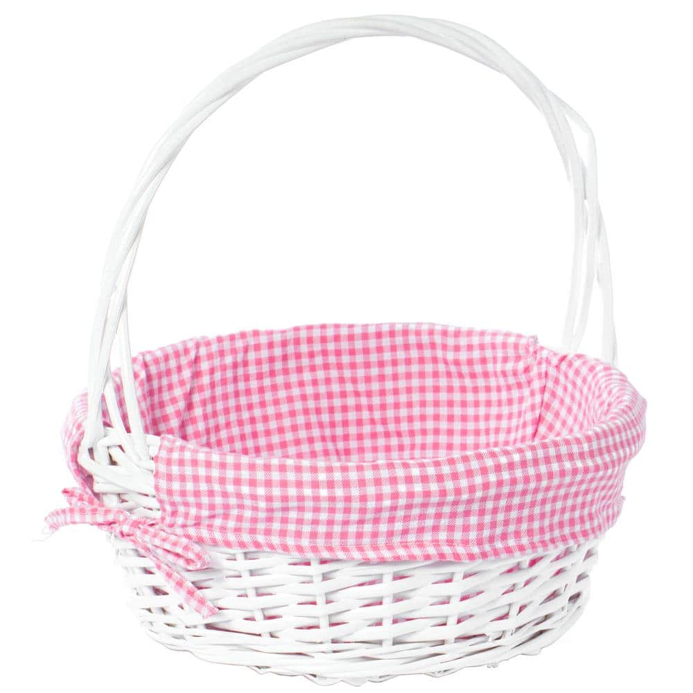 Wickerwise White Round Willow Gift Basket, with Pink and White Gingham Liner and Handles, Medium