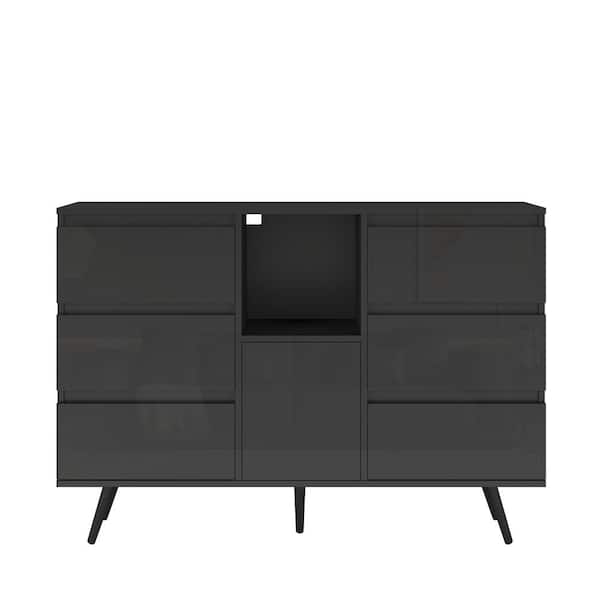 Tileon Black Wooden 6-Drawer Buffet Sideboard Display Storage Cabinet with Open Shelf and 16 Colour LED Lights