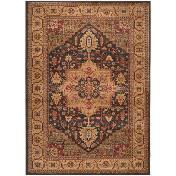 Mahal Navy/Natural 11 ft. x 16 ft. Border Floral Medallion Area Rug