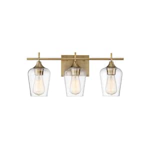 Octave 21 in. W x 9 in. H 3-Light Warm Brass Bathroom Vanity Light with Clear Glass Shades
