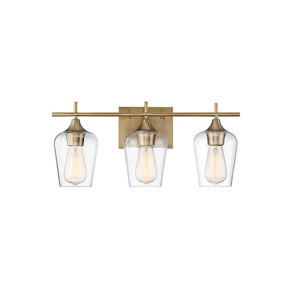 Octave 21 in. W x 9 in. H 3-Light Warm Brass Bathroom Vanity Light with Clear Glass Shades